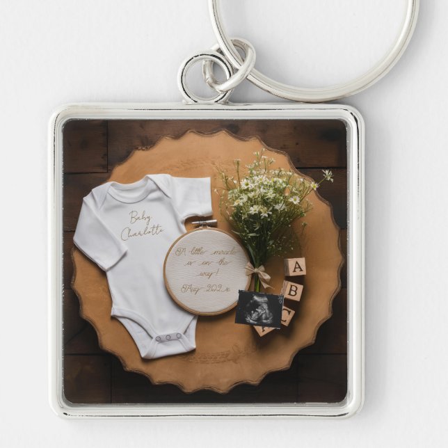 Rustic farmhouse Pregnancy Announcement keepsake  Key Ring (Front)