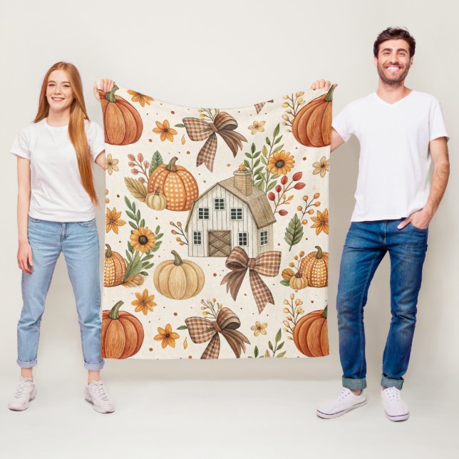 Rustic Farmhouse Pumpkin Autumn Pattern Fleece Blanket (In Situ)