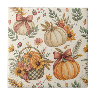 Rustic Farmhouse Pumpkin Sunflower in Autumn Tones Ceramic Tile