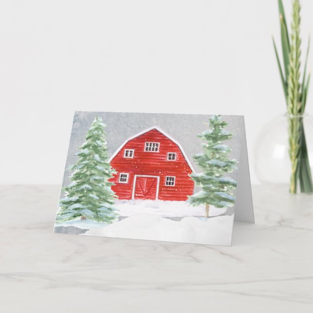 Rustic Farmhouse Red Barn in the Snow Christmas Holiday Card (Front)