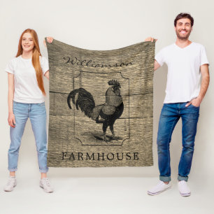 Rustic Farmhouse Rooster Barn Wood Family Name Fleece Blanket