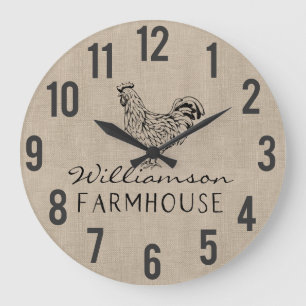 Rustic Farmhouse Rooster Burlap Family Name Large  Clock