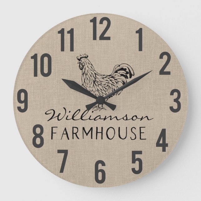 Rustic Farmhouse Rooster Burlap Family Name Large  Large Clock (Front)