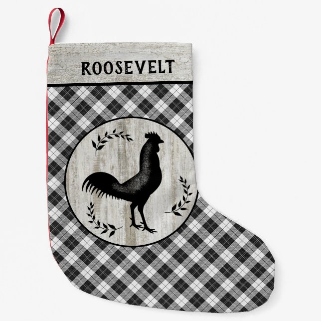 Rustic Farmhouse Rooster Checker Plaid Custom Name Small Christmas Stocking (Front)