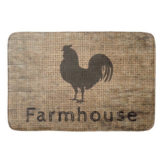 Rustic Farmhouse Rooster Country Rustic Burlap Bath Mat (Front)
