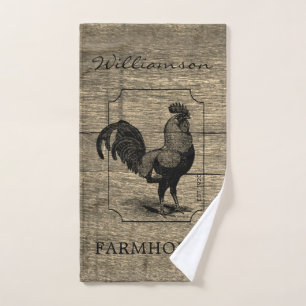 Rustic Farmhouse Rooster Family Name Barn Wood Hand Towel