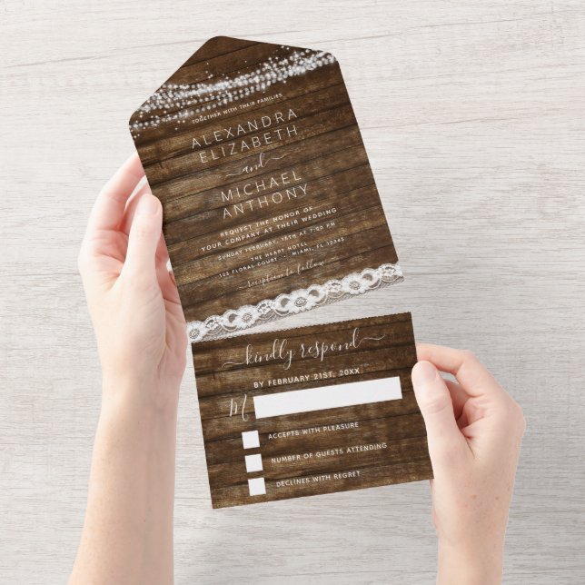 Rustic Farmhouse String Lights Lace Wedding All In One Invitation (Tearaway)