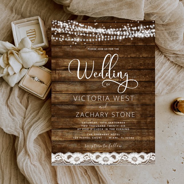 Rustic Farmhouse String Lights Lace Wood Wedding Invitation (Creator Uploaded)