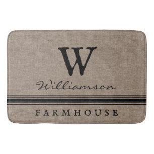 Rustic Farmhouse Style Burlap Family Name Country Bath Mat