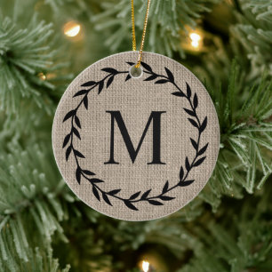 Rustic Farmhouse Style Burlap Holiday Monogrammed Ceramic Ornament