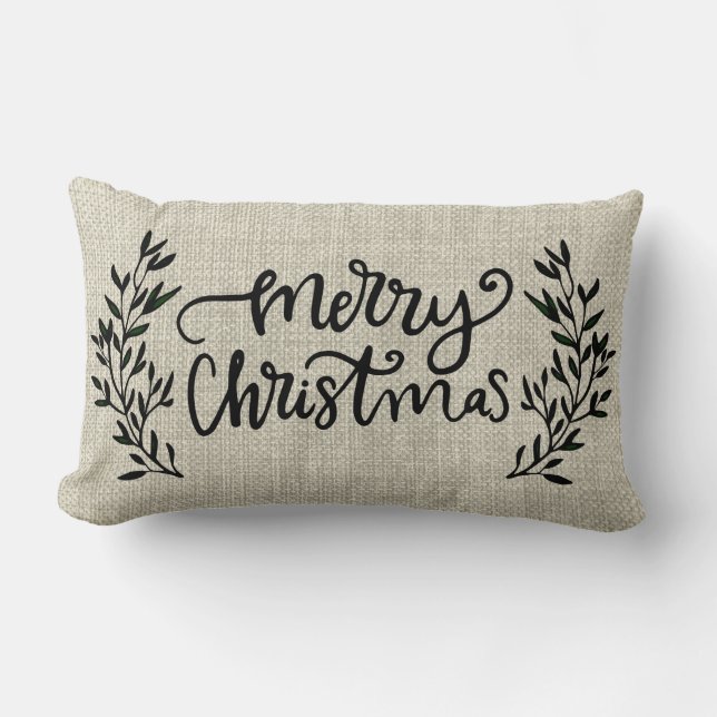 Rustic Farmhouse Style Laurel Merry Christmas Lumbar Cushion (Front)