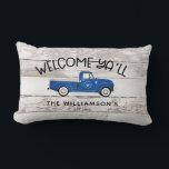 Rustic Farmhouse Style Vintage Truck Family Name Lumbar Cushion<br><div class="desc">Rustic Farmhouse Vintage Style Vintage Truck Family Name Lumbar Pillow - Country Pillow features a vintage blue pick up truck with your family initial inside a laurel wreath. Also personalised with your family name and the year your home was established. Also available on dark barnwood, </div>