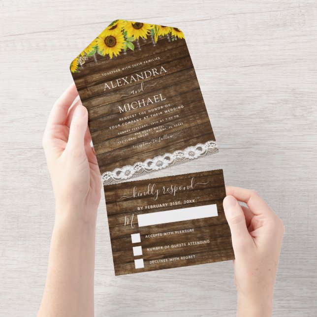 Rustic Farmhouse Sunflower Lace Wedding RSVP All In One Invitation (Tearaway)