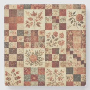 Rustic Farmhouse Terracotta Patchwork Quilt Floral Stone Coaster