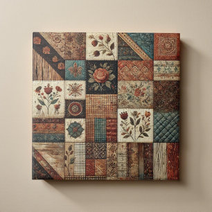 Rustic Farmhouse Terracotta Quilt Patchwork Floral Ceramic Tile