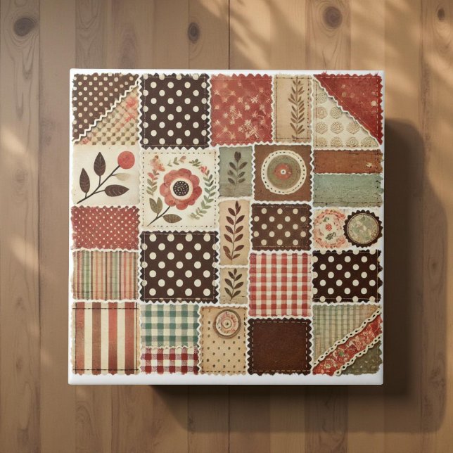 Rustic Farmhouse Terracotta Quilt Patchwork Floral Ceramic Tile (Creator Uploaded)