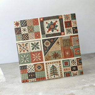 Rustic Farmhouse Terracotta Quilt Patchwork Floral Ceramic Tile
