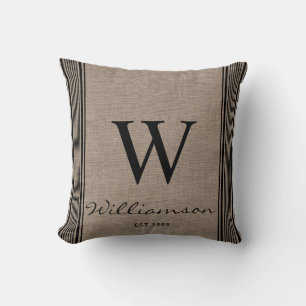 Rustic Farmhouse Ticking Stripe Burlap Monogram Cushion