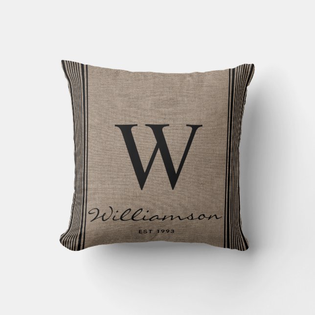 Rustic Farmhouse Ticking Stripe Burlap Monogram  Cushion (Front)