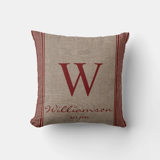 Rustic Farmhouse Ticking Stripe Burlap Monogram  Cushion (Front)