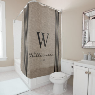 Rustic Farmhouse Ticking Stripe Burlap Monogram Sh Shower Curtain