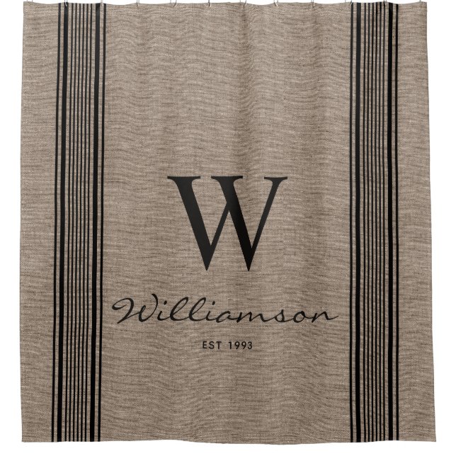 Rustic Farmhouse Ticking Stripe Burlap Monogram Shower Curtain (Front)