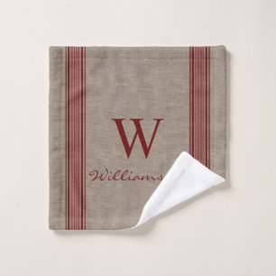 Rustic Farmhouse Ticking Stripe Burlap Monogram Wash Cloth