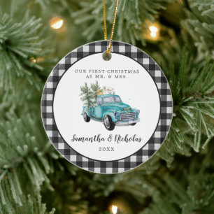 Rustic Farmhouse Truck   First Christmas Mr & Mrs Ceramic Ornament