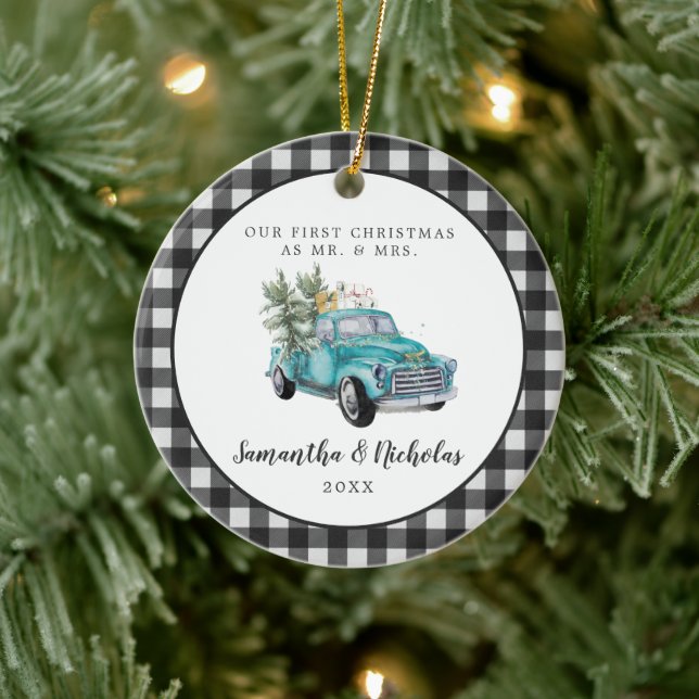 Rustic Farmhouse Truck | First Christmas Mr & Mrs Ceramic Ornament (Tree)