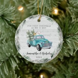 Rustic Farmhouse Truck   First Christmas Mr & Mrs Ceramic Ornament