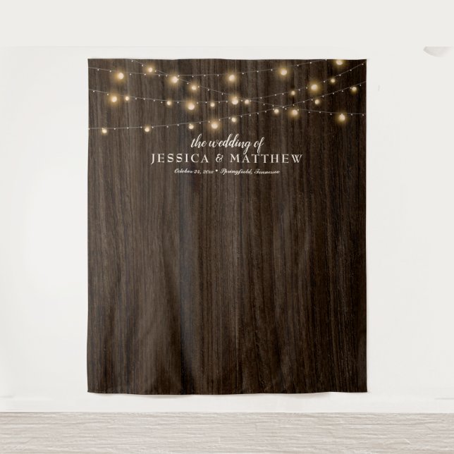 Rustic Farmhouse Twinkling Lights Wedding Backdrop Tapestry (Front)