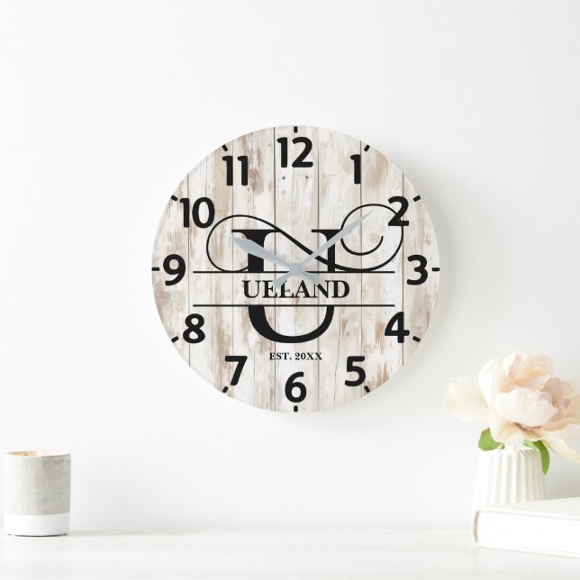 Rustic Farmhouse U Monogram Large Clock (Home)
