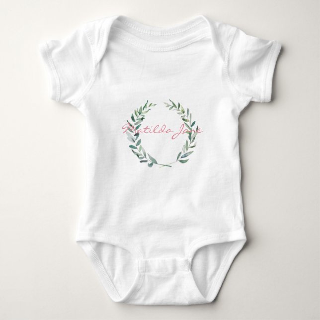 Rustic Farmhouse Watercolor Magnolia Wreath Design Baby Bodysuit (Front)