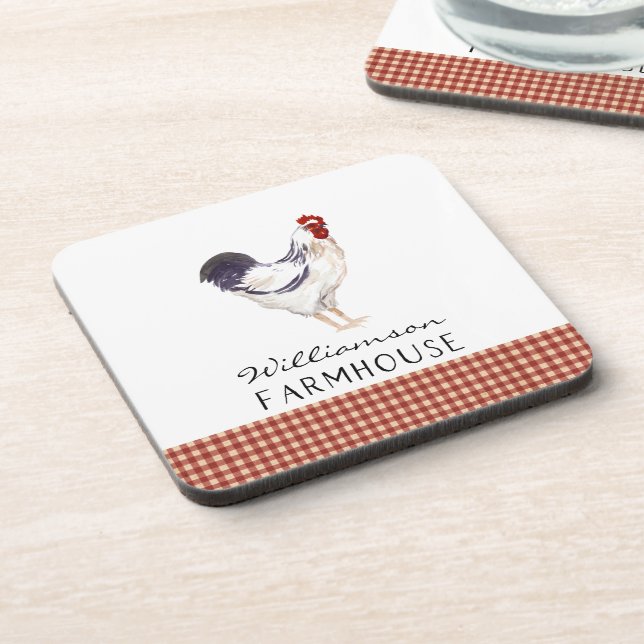 Rustic Farmhouse Watercolor Rooster Family Name  Coaster (Left Side)