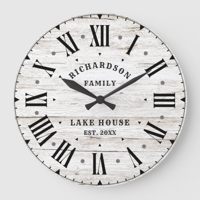 Rustic Farmhouse White Barn Wood Personalised Name Large Clock (Front)