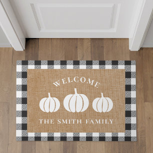 Rustic Farmhouse White Pumpkin Family Name Welcome Doormat