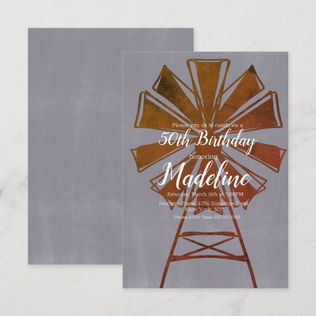 Rustic Farmhouse Windmill 50th Birthday Invitation (Front/Back)