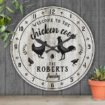 Rustic Farmhouse Wood Chicken Coop Custom Name Round Clock<br><div class="desc">"Welcome to our chicken coop" wall clock with 4 chicken silhouettes (1 hen, 1 rooster, 2 pullets / chicks), plus 2 leaf wreaths and 1 egg. Add your family name to this chic rustic farmhouse clock with black silhouettes and light grey-white faux wood grain. Perfect for farmers and chicken lovers....</div>