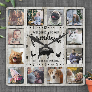 Rustic Farmhouse Wood Cow 12 Family Photo Collage Square Wall Clock