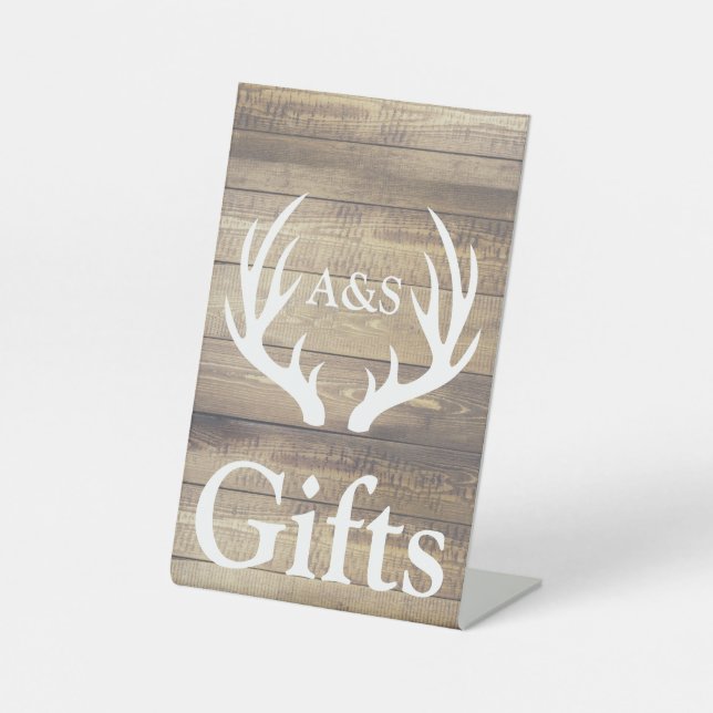 Rustic Farmhouse Wood & Deer Antlers Gifts Pedestal Sign (Front)