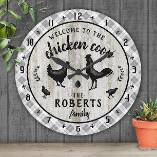 Rustic Farmhouse Wood Plaid Chicken Coop Custom Round Clock