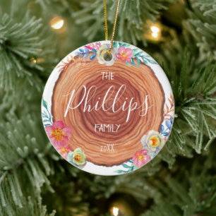 Rustic Farmhouse Wood Slice Personalised Family Ceramic Ornament