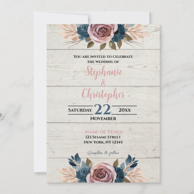 Rustic Farmhouse Wood Watercolor Floral Wedding Invitation (Front)