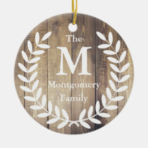 Rustic Farmhouse Wood White Laurels Family Name Ceramic Tree Decoration