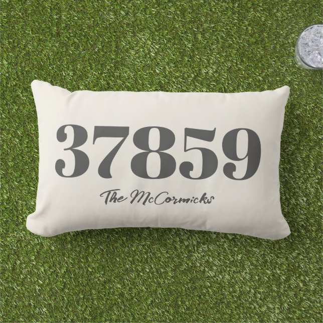 Rustic Farmhouse Zip Code Beige Monogram Outdoor Lumbar Cushion (Grass)