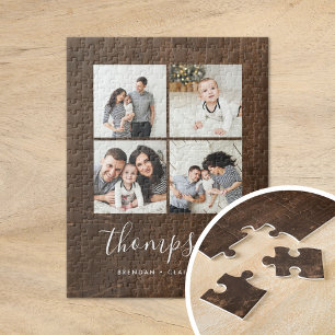 Rustic Faux Barn Wood Family Photo Collage Jigsaw Puzzle