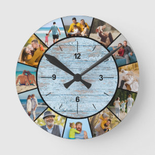 Rustic Faux Blue Wood Fence 12 Photo Collage Round Clock