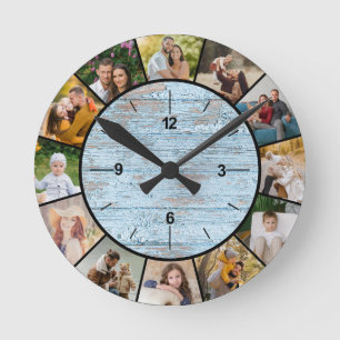 Rustic Faux Blue Wood Fence 12 Photo Collage Round Clock