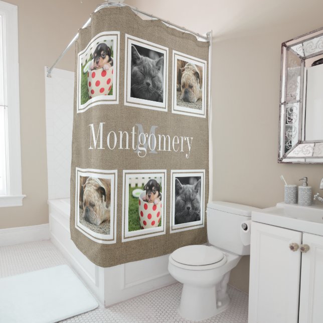 Rustic Faux Burlap 6 Family Photos & Family Name Shower Curtain (In Situ)
