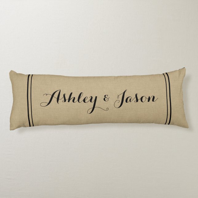 Rustic Faux Burlap and Black Monogrammed Body Cushion (Back)